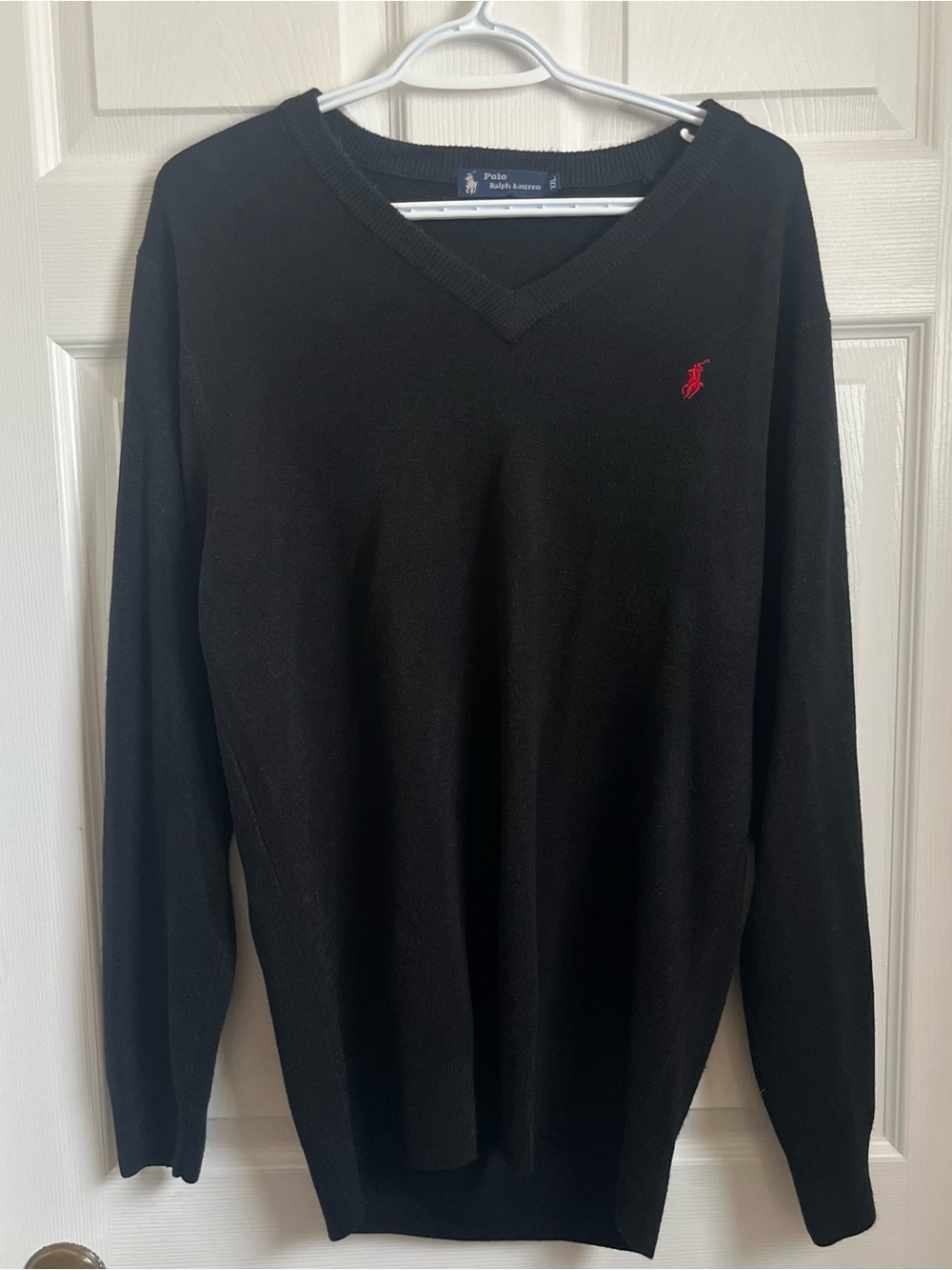 Polo Ralph Lauren Classic Fit Wool V-Neck Pullover Sweater Black Red Pony Women
